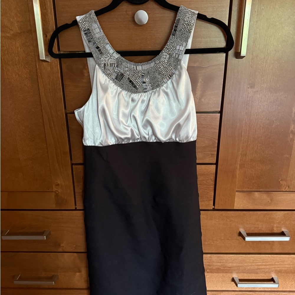 Boston Proper Black and White Mini Dress with Silver Accents